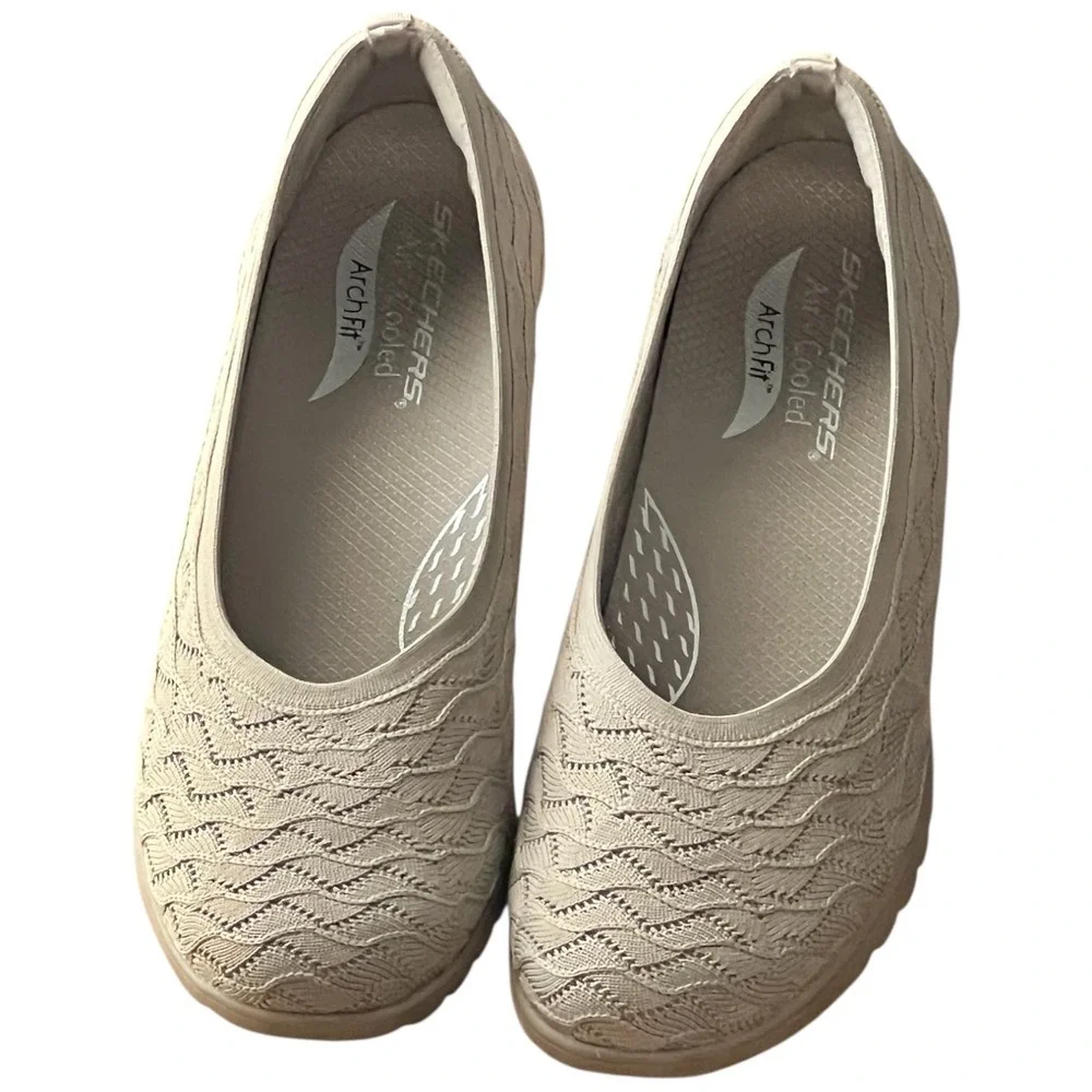 Skechers Arch Fit‎ Cleo Taupe Knit Slip‑On Wedge Comfort Shoes Women’s 10